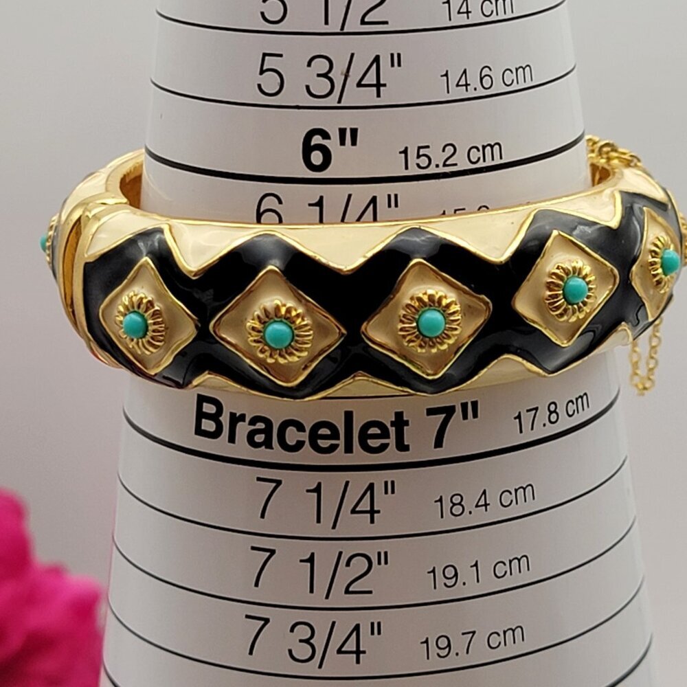 J.Crew Gold Tone Turquoise Bead Multicolor Enamel Hinged Bracelet Clamper 6.5" - Picture 6 of 6